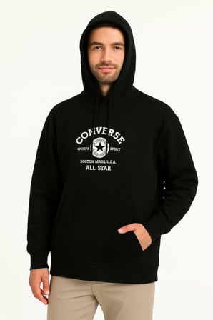 Erkek Kapüşonlu Kanguru Cepli Sweatshirt 3 İplik Pamuklu Baskılı Hoodie - Siyah