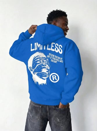 Erkek Baskılı Kapüşonlu Cepli Hoodie 3 İplik Pamuklu Sweatshirt - Saks Mavisi