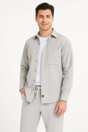 Erkek Kadife Oversize Takım Gömlek Pantolon İkili Set - Gri
