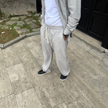 Erkek Kadife Oversize Takım Gömlek Pantolon İkili Set - Gri