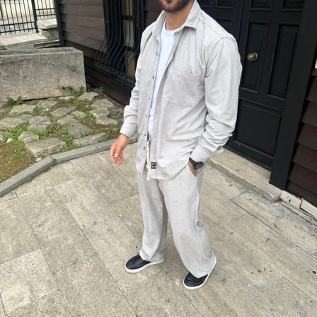 Erkek Kadife Oversize Takım Gömlek Pantolon İkili Set - Gri