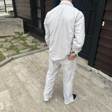 Erkek Kadife Oversize Takım Gömlek Pantolon İkili Set - Gri