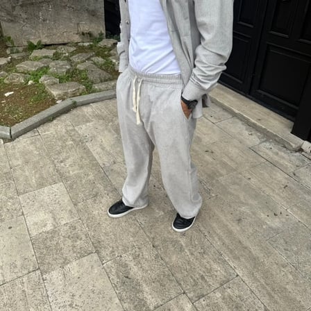 Erkek Kadife Oversize Takım Gömlek Pantolon İkili Set - Gri