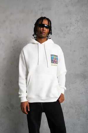 Erkek 3 İplik Pamuklu Kapüşonlu Baskılı Cepli Oversize Sweatshirt Hoodie - Beyaz