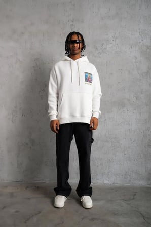 Erkek 3 İplik Pamuklu Kapüşonlu Baskılı Cepli Oversize Sweatshirt Hoodie - Beyaz