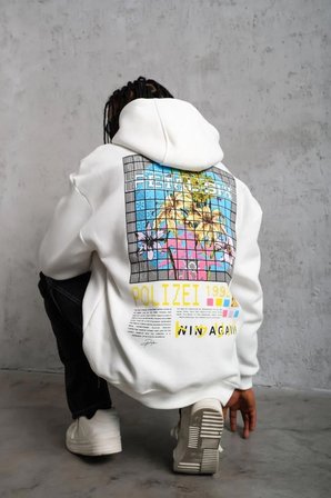 Erkek 3 İplik Pamuklu Kapüşonlu Baskılı Cepli Oversize Sweatshirt Hoodie - Beyaz