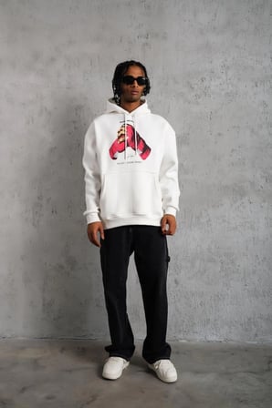 Erkek Kapüşonlu Cepli Boks Eldiven Baskılı 3 İplik Sweatshirt Hoodie - Beyaz