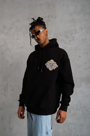 Erkek 3 İplik Pamuklu Kapüşonlu Baskılı Cepli Oversize Sweatshirt Hoodie - Siyah