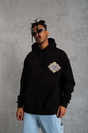 Erkek 3 İplik Pamuklu Kapüşonlu Baskılı Cepli Oversize Sweatshirt Hoodie - Siyah