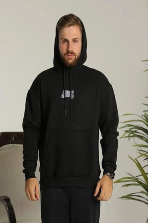 Erkek 3 İplik Pamuklu Kapüşonlu Baskılı Cepli Oversize Sweatshirt Hoodie - Siyah