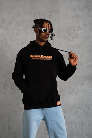 Erkek 3 İplik Pamuklu Kapüşonlu Baskılı Cepli Oversize Sweatshirt Hoodie - Siyah