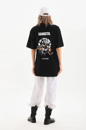 Kadın Kısa Kol Yazlık Tişört Bisiklet Yaka Baskılı Oversize T-Shirt - Siyah