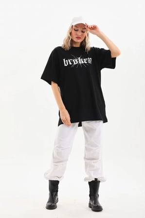 Kadın Kısa Kol Yazlık Tişört Bisiklet Yaka Baskılı Oversize T-Shirt - Siyah