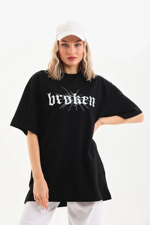 Kadın Kısa Kol Yazlık Tişört Bisiklet Yaka Baskılı Oversize T-Shirt - Siyah