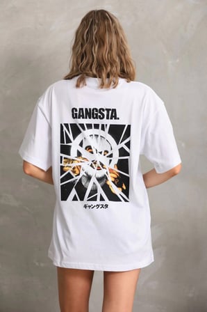 Kadın Kısa Kol Yazlık Tişört Bisiklet Yaka Baskılı Oversize T-Shirt - Beyaz