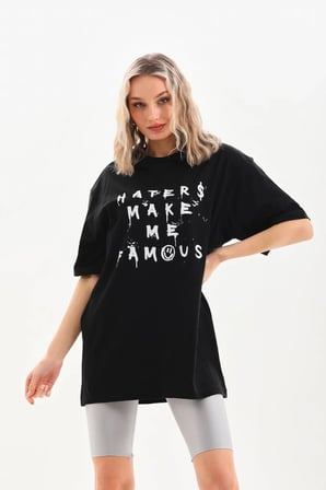 Kadın Kısa Kol Yazlık Tişört Bisiklet Yaka Baskılı Oversize T-Shirt - Siyah