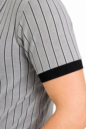 Erkek Polo Yaka Çizgili Tişört Kısa Kol Düğmeli Yazlık T-Shirt - Gri