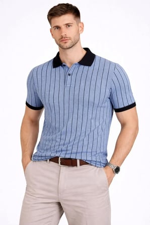 Erkek Polo Yaka Çizgili Tişört Kısa Kol Düğmeli Yazlık T-Shirt - Bebek Mavisi