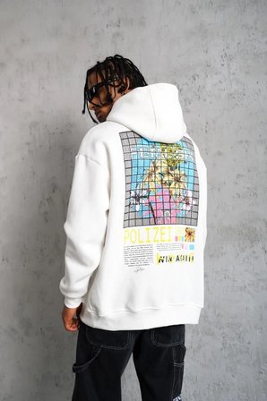 Erkek 3 İplik Pamuklu Kapüşonlu Baskılı Cepli Oversize Sweatshirt Hoodie - Beyaz