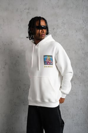 Erkek 3 İplik Pamuklu Kapüşonlu Baskılı Cepli Oversize Sweatshirt Hoodie - Beyaz