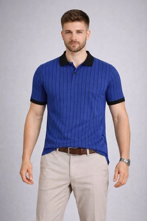 Erkek Polo Yaka Çizgili Tişört Kısa Kol Düğmeli Yazlık T-Shirt - Saks Mavisi