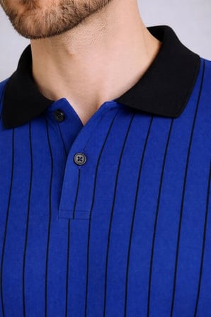 Erkek Polo Yaka Çizgili Tişört Kısa Kol Düğmeli Yazlık T-Shirt - Saks Mavisi