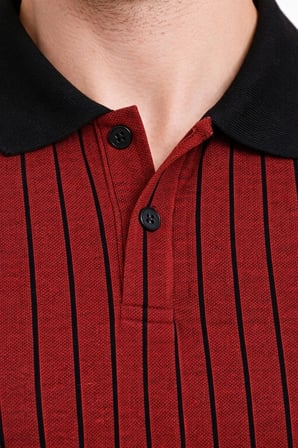Erkek Polo Yaka Çizgili Tişört Kısa Kol Düğmeli Yazlık T-Shirt - Bordo