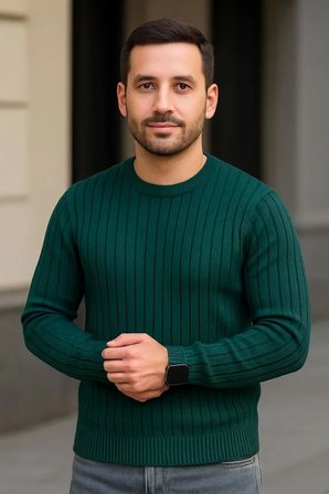 Erkek Fitilli Triko Kazak 2’li Set Siyah Haki Kalın Dokuma Pamuklu Regular Fit Bisiklet