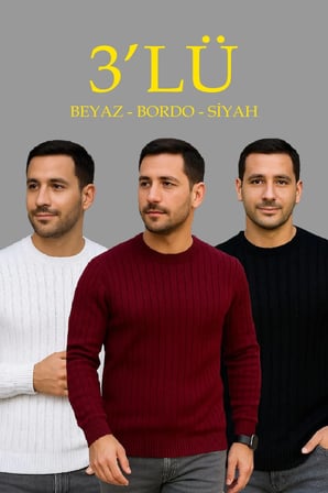Erkek Fitilli Triko Bisiklet Yaka Kalın Kazak 3'lü Set Beyaz-Bordo-Siyah