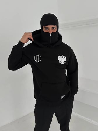 Samuray Ninja Çift Kapşonlu ZIP Fermuarlı Kanguru Çepli Tam Fermuarlı ön Arka - Siyah