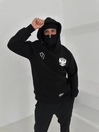 Samuray Ninja Çift Kapşonlu ZIP Fermuarlı Kanguru Çepli Tam Fermuarlı ön Arka - Siyah