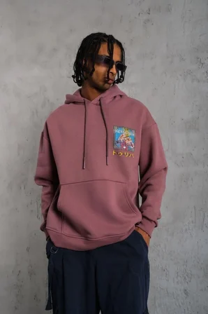 Erkek 3 İplik Pamuklu Kapüşonlu Baskılı Cepli Oversize Sweatshirt Hoodie - Gül Kurusu