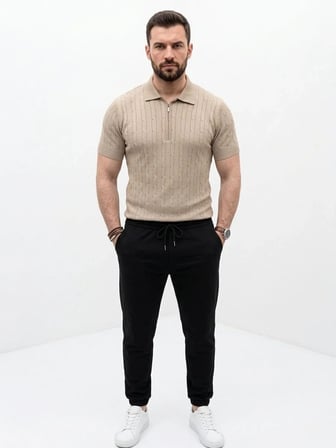 Erkek Yazlık Triko Saç Örgü Tişört Kısa Kol Polo Yaka Fermuarlı T-Shirt - Bej