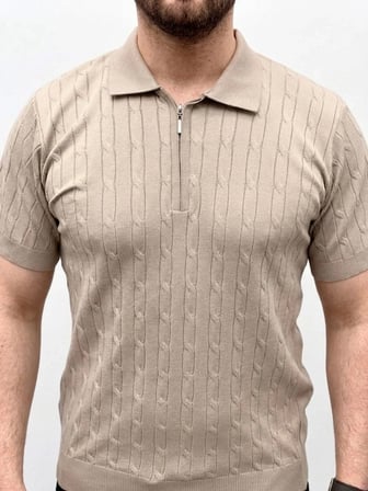 Erkek Yazlık Triko Saç Örgü Tişört Kısa Kol Polo Yaka Fermuarlı T-Shirt - Bej