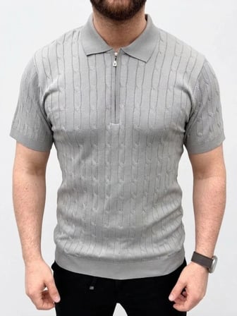 Erkek Yazlık Triko Saç Örgü Tişört Kısa Kol Polo Yaka Fermuarlı T-Shirt - Gri