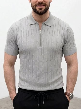 Erkek Yazlık Triko Saç Örgü Tişört Kısa Kol Polo Yaka Fermuarlı T-Shirt - Gri