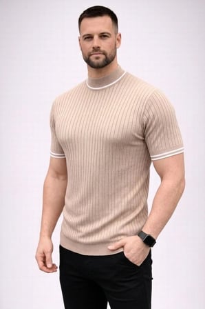 Erkek Fitilli Triko Dokuma Kısa Kol Tişört Yarım Boğaz Modern Yazlık T-Shirt - Bej