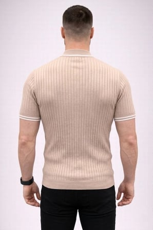 Erkek Fitilli Triko Dokuma Kısa Kol Tişört Yarım Boğaz Modern Yazlık T-Shirt - Bej