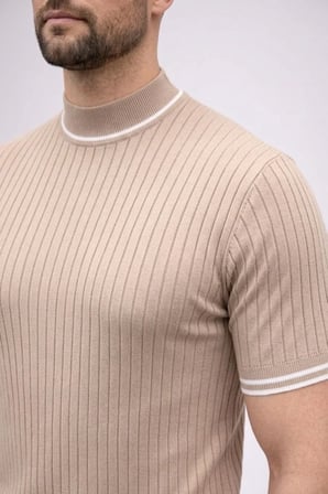 Erkek Fitilli Triko Dokuma Kısa Kol Tişört Yarım Boğaz Modern Yazlık T-Shirt - Bej