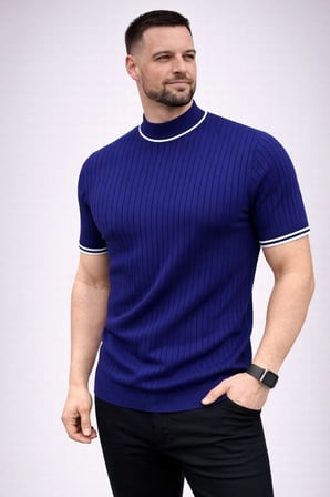 Erkek Fitilli Triko Dokuma Kısa Kol Tişört Yarım Boğaz Modern Yazlık T-Shirt - Lacivert