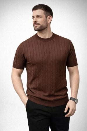 Erkek Yazlık Triko Dokuma Tişört Kısa Kol Bisiklet Yaka Örgü Desenli T-Shirt - Kahverengi
