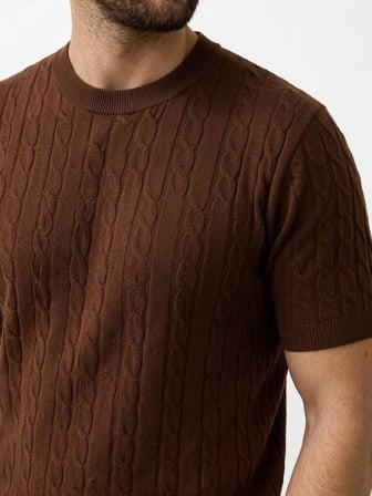 Erkek Yazlık Triko Dokuma Tişört Kısa Kol Bisiklet Yaka Örgü Desenli T-Shirt - Kahverengi