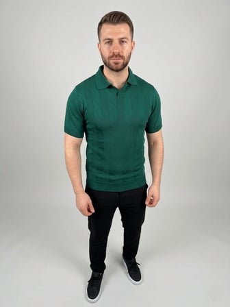 Erkek Yazlık Triko Dokuma Tişört Kısa Kol Polo Yaka T-Shirt - Koyu Yeşil