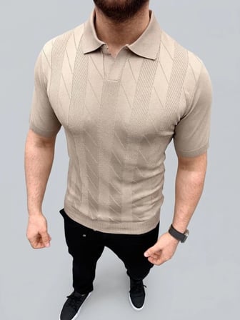 Erkek Yazlık Triko Dokuma Tişört Kısa Kol Polo Yaka T-Shirt - Bej