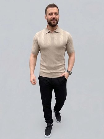 Erkek Yazlık Triko Dokuma Tişört Kısa Kol Polo Yaka T-Shirt - Bej