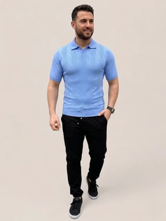 Erkek Yazlık Triko Dokuma Tişört Kısa Kol Polo Yaka T-Shirt - Bebek Mavisi