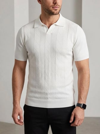 Erkek Yazlık Triko Dokuma Tişört Kısa Kol Polo Yaka T-Shirt - Beyaz