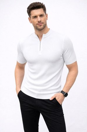 Erkek Kısa Kol Fitilli Triko T-Shirt Yazlık Hakim Yaka Tişört - Beyaz