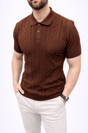 Erkek Yazlık Triko Tişört Kısa Kol Polo Yaka Düğmeli T-Shirt - Kahverengi