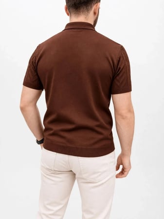 Erkek Yazlık Triko Tişört Kısa Kol Polo Yaka Düğmeli T-Shirt - Kahverengi